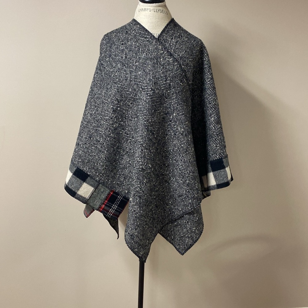 Cameleon Herringbone & Patchwork Trim Wool Cape O/S NWOT Made in USA